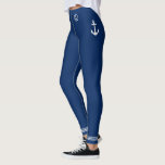 Nautical Boat Anchor White Stripes Navy Blue Leggings<br><div class="desc">Women's leggings featuring a custom designed nautical boat anchor with white stripes on classic navy blue or easily customise to your favourite colour.</div>