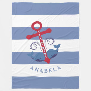 Nautical boat anchor with whales white stripes fleece blanket