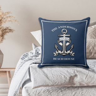 Nautical Boat Beach House Anchor Family Name Est  Cushion
