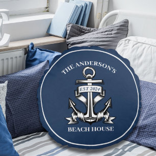 Nautical Boat Beach House Anchor Family Name Est  Round Cushion