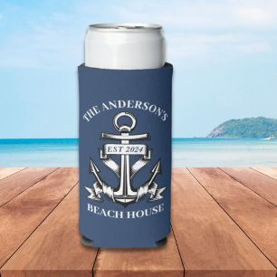 Nautical Boat Beach House Anchor Family Name Est  Seltzer Can Cooler