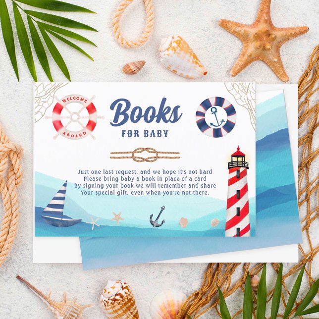 Nautical boat blue red baby shower bring a book enclosure card (Creator Uploaded)