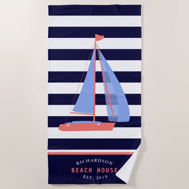 Nautical Boat Family Name Navy Blue Beach House Towel (Front)