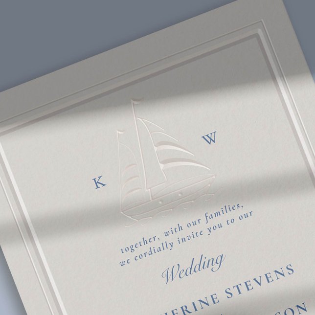 Nautical Boat Faux Embossed Modern Classic Wedding Invitation (nautical beach boat yacht coastal ocean wedding invitation faux embossed frame ecru navy detail)