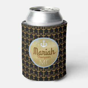 nautical boat golden anchors with monogram can cooler