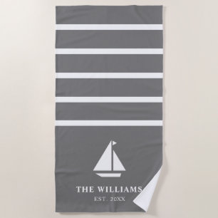 Nautical Boat Grey Striped Add Name Text Beach Towel