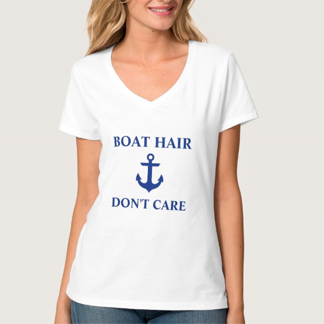 Nautical Boat Hair Don't Care Anchor White V-Neck T-Shirt (Front)