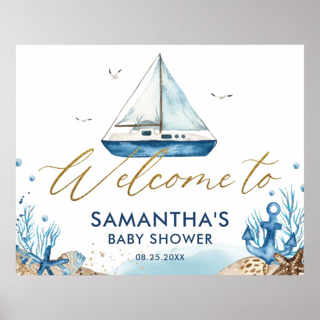 Nautical Boat Hampton Gold Baby Shower Welcome  Poster (Front)