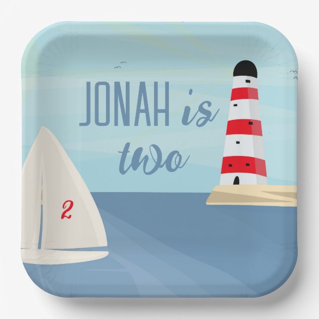 Nautical, boat, lighthouse, blue birthday paper plate (Front)