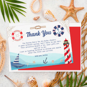 Nautical boat lighthouse blue red baby shower  thank you card