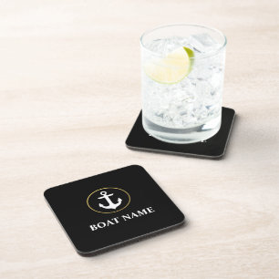 Nautical Boat Name Anchor Black Gold Coaster