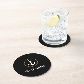 Nautical Boat Name Anchor Black Gold Round Paper Coaster