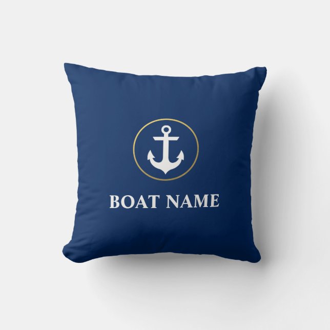 Nautical Boat Name Anchor Blue Gold Cushion (Front)