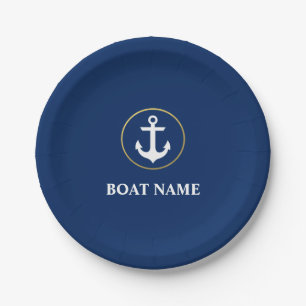 Nautical Boat Name Anchor Blue Gold Paper Plate