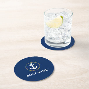 Nautical Boat Name Anchor Blue Gold Round Paper Coaster