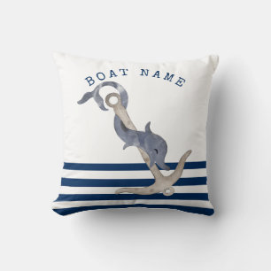 Nautical Boat Name,Anchor Dolphin Blue Striped  Cushion