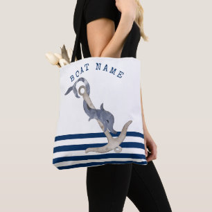 Nautical Boat Name,Anchor Dolphin Blue Striped Tote Bag