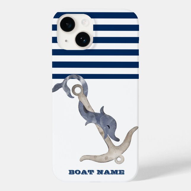 Nautical Boat Name,Anchor Dolphin Navy Blue Stripe Case-Mate iPhone Case (Back)