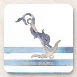 Nautical Boat Name,Anchor Dolphin Stripes Coaster<br><div class="desc">This image features a boat name,  and anchor on a light blue and white striped background.</div>
