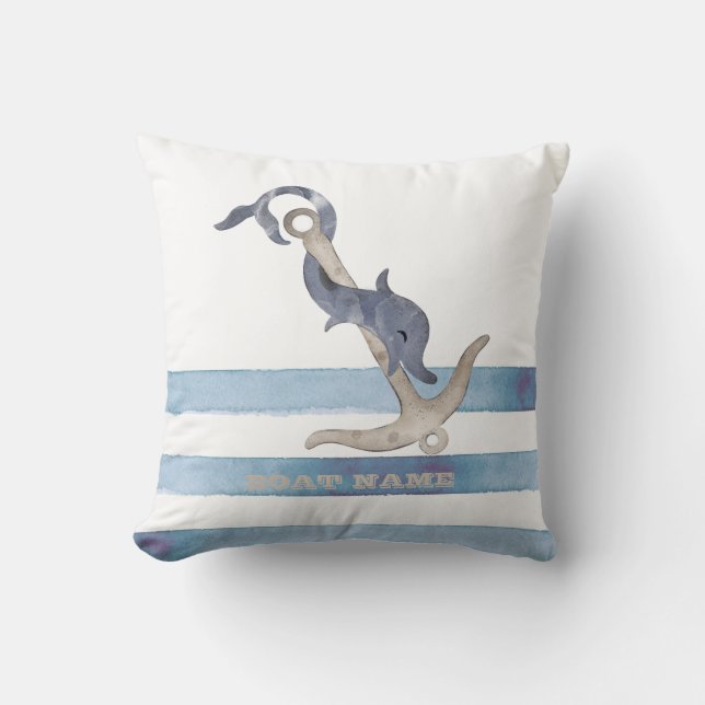 Nautical Boat Name,Anchor Dolphin Stripes  Cushion (Front)