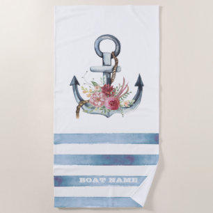 Nautical Boat Name,Anchor Flowers Stripes Beach Towel