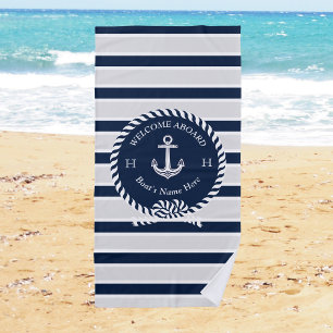 Nautical Boat Name Anchor Grey Navy Blue Welcome  Beach Towel