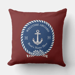 Nautical Boat Name Anchor Maroon Red Navy Blue  Cushion