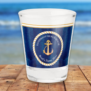 Nautical Boat Name Anchor Navy Blue and Yellow Shot Glass