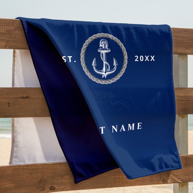 Nautical boat name anchor navy blue beach towel (Creator Uploaded)