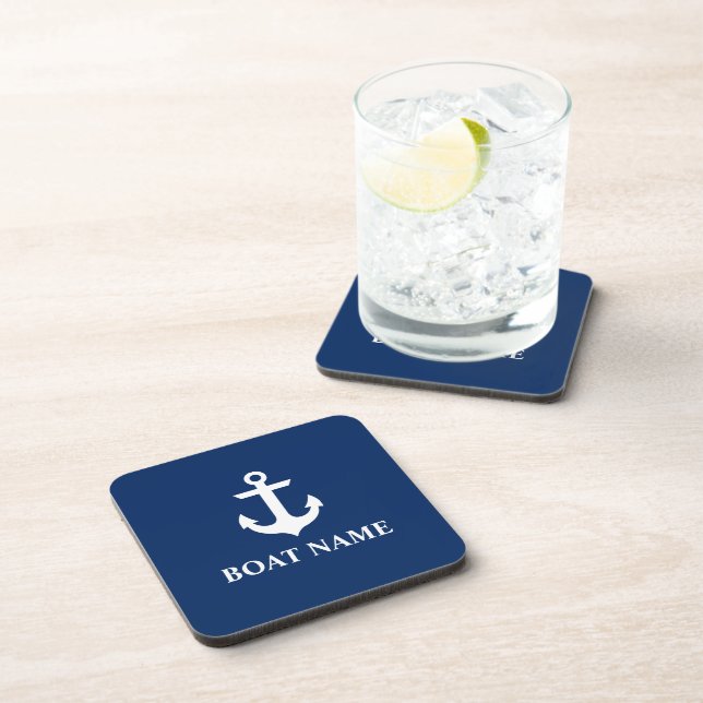 Nautical Boat Name Anchor Navy Blue Coaster (Right Side)