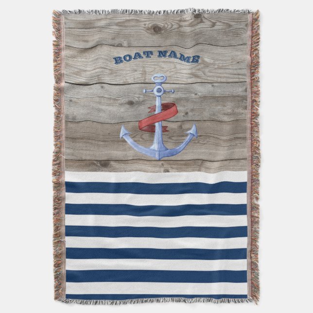 Nautical Boat Name,Anchor Navy Blue Str Throw Blanket (Front Vertical)