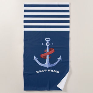 Nautical Boat Name Anchor Navy Blue Stripe Beach Towel