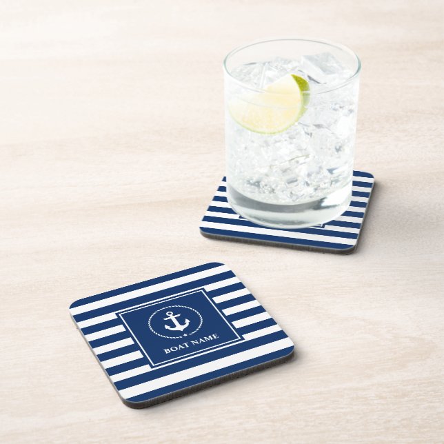 Nautical Boat Name Anchor Navy Blue Striped Coaster (Right Side)
