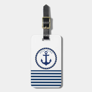 Nautical Boat Name,Anchor Navy Blue Striped Luggage Tag
