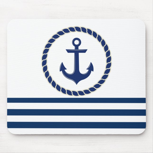 Nautical Boat Name,Anchor Navy Blue Striped Mouse Pad (Front)
