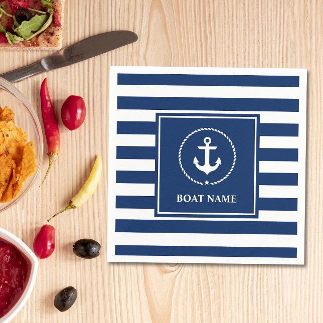 Nautical Boat Name Anchor Navy Blue Striped Napkin (Customize to change text size or text style. )