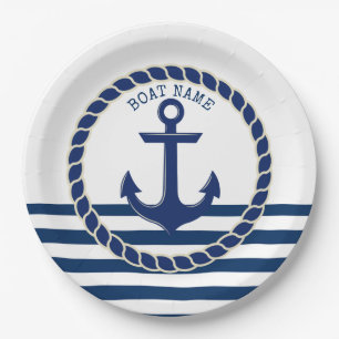 Nautical Boat Name,Anchor Navy Blue Striped Paper Plate