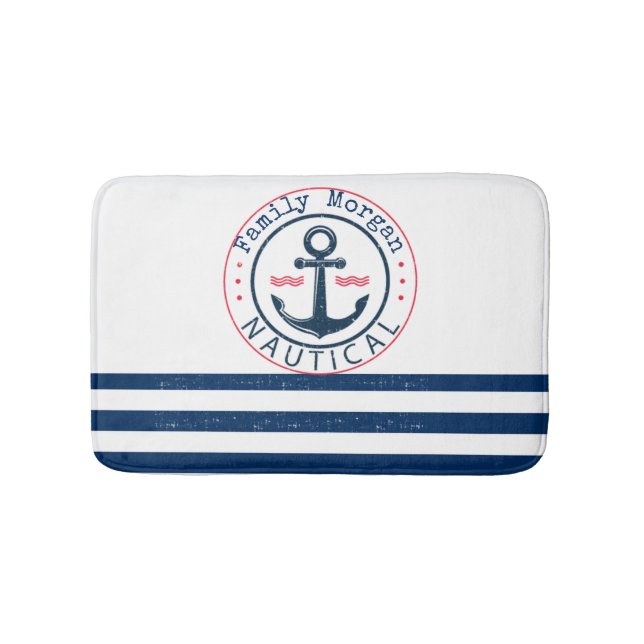Nautical, Boat Name,Anchor Navy Blue Stripes Bath Mat (Front)