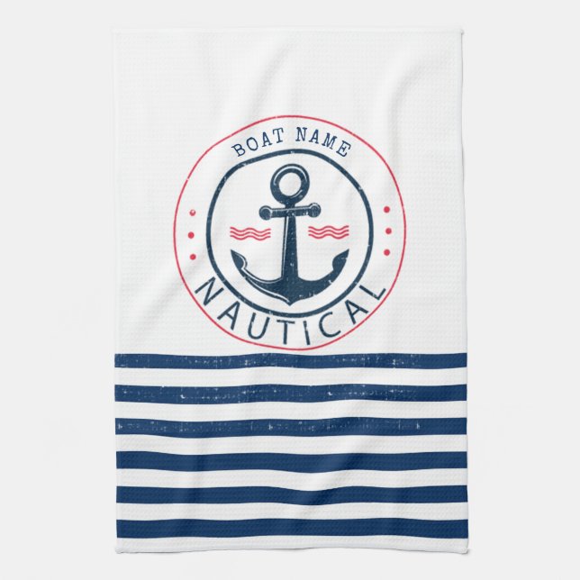 Nautical, Boat Name,Anchor Navy Blue Stripes Tea Towel (Vertical)