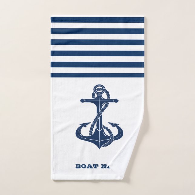 Nautical Boat Name,Anchor  Navy Blue White Striped Bath Towel Set (Hand Towel)