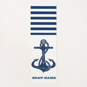 Nautical Boat Name,Anchor Navy Blue White Striped Yoga Mat