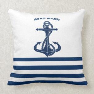 Nautical Boat Name,Anchor Navy Blue White Stripes Cushion