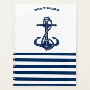 Nautical Boat Name,Anchor  Navy Blue White Stripes Planner