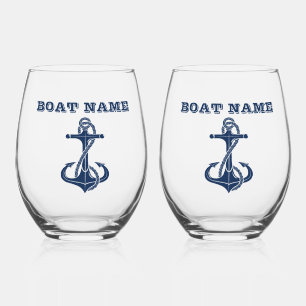 Nautical Boat Name,Anchor Navy Blue White Stripes Stemless Wine Glass