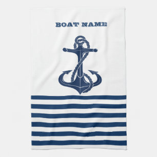 Nautical Boat Name,Anchor  Navy Blue White Stripes Tea Towel