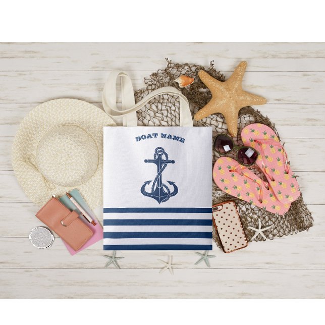Nautical Boat Name,Anchor  Navy Blue White Stripes Tote Bag (Creator Uploaded)