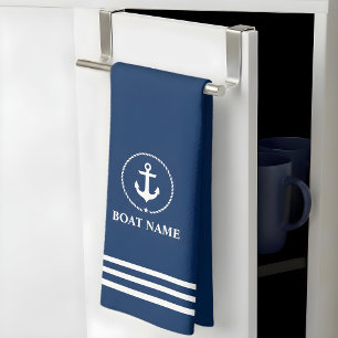 Nautical Boat Name Anchor Rope Blue Striped Tea Towel