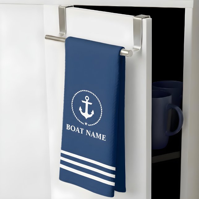 Nautical Boat Name Anchor Rope Blue Striped Tea Towel (Customize to change background color.)