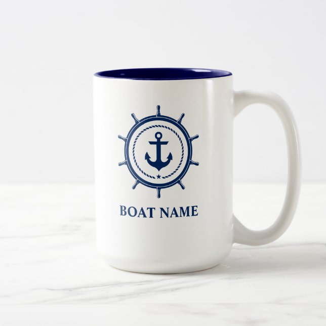 Nautical Boat Name Anchor Rope Helm Blue Two-Tone Coffee Mug (Right)