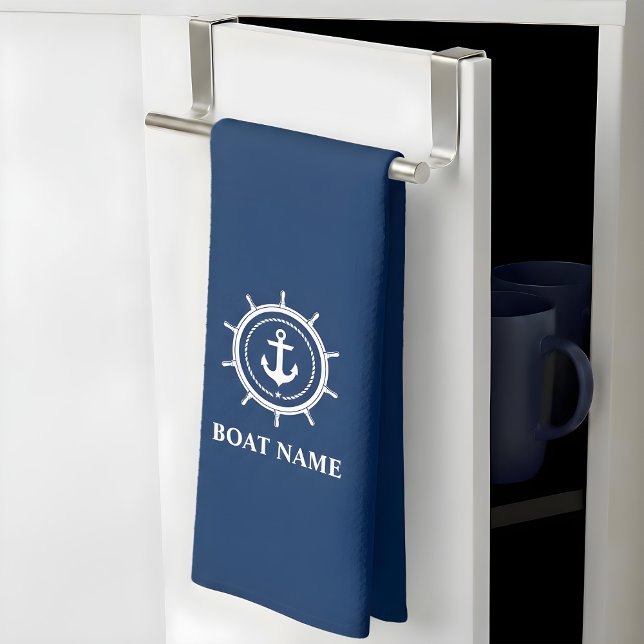 Nautical Boat Name Anchor Rope Helm Navy Blue Tea Towel (Customize to change background color.)